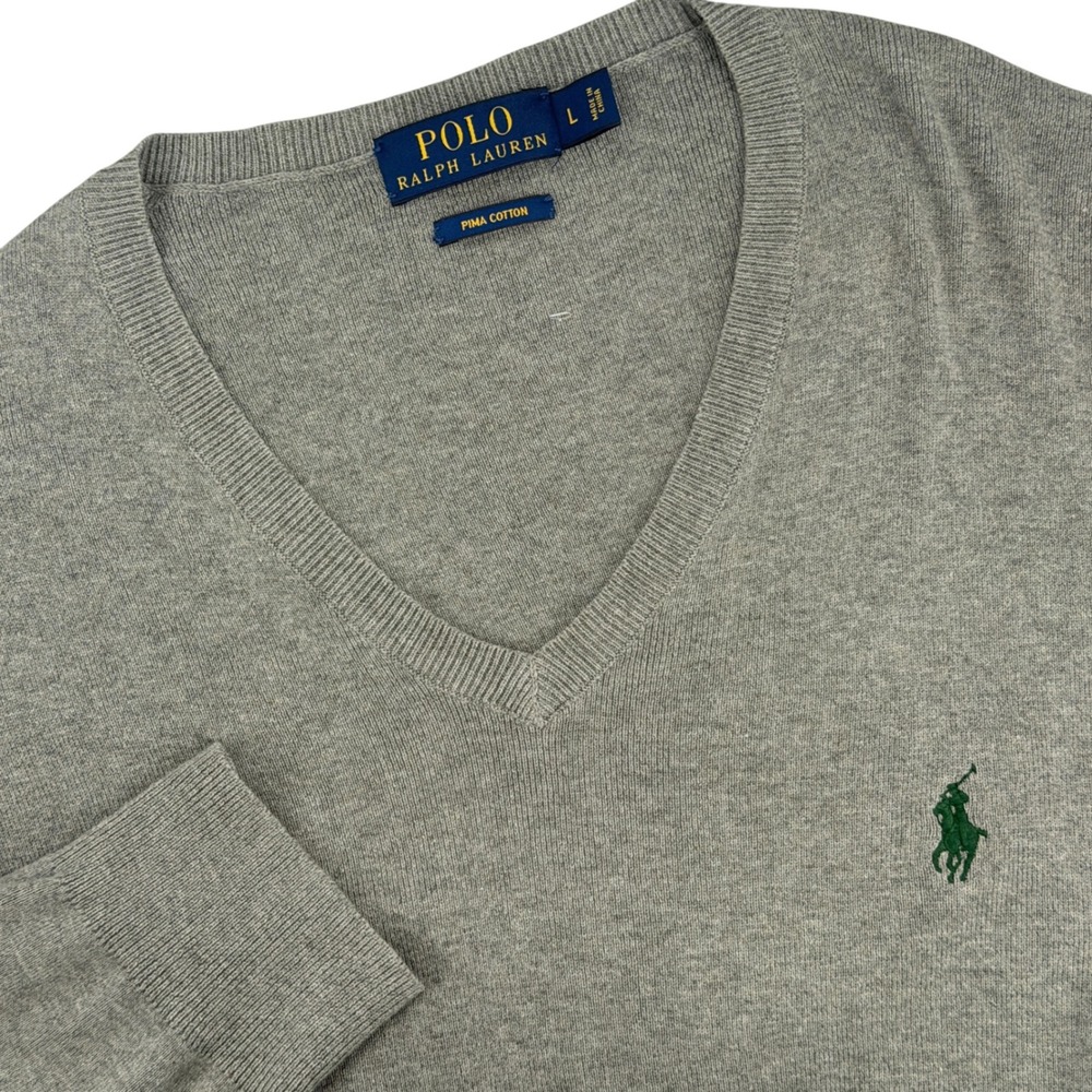 Polo Ralph Lauren V-Neck Sweater Men L Gray Classic Pima Cotton Pullover Preppy